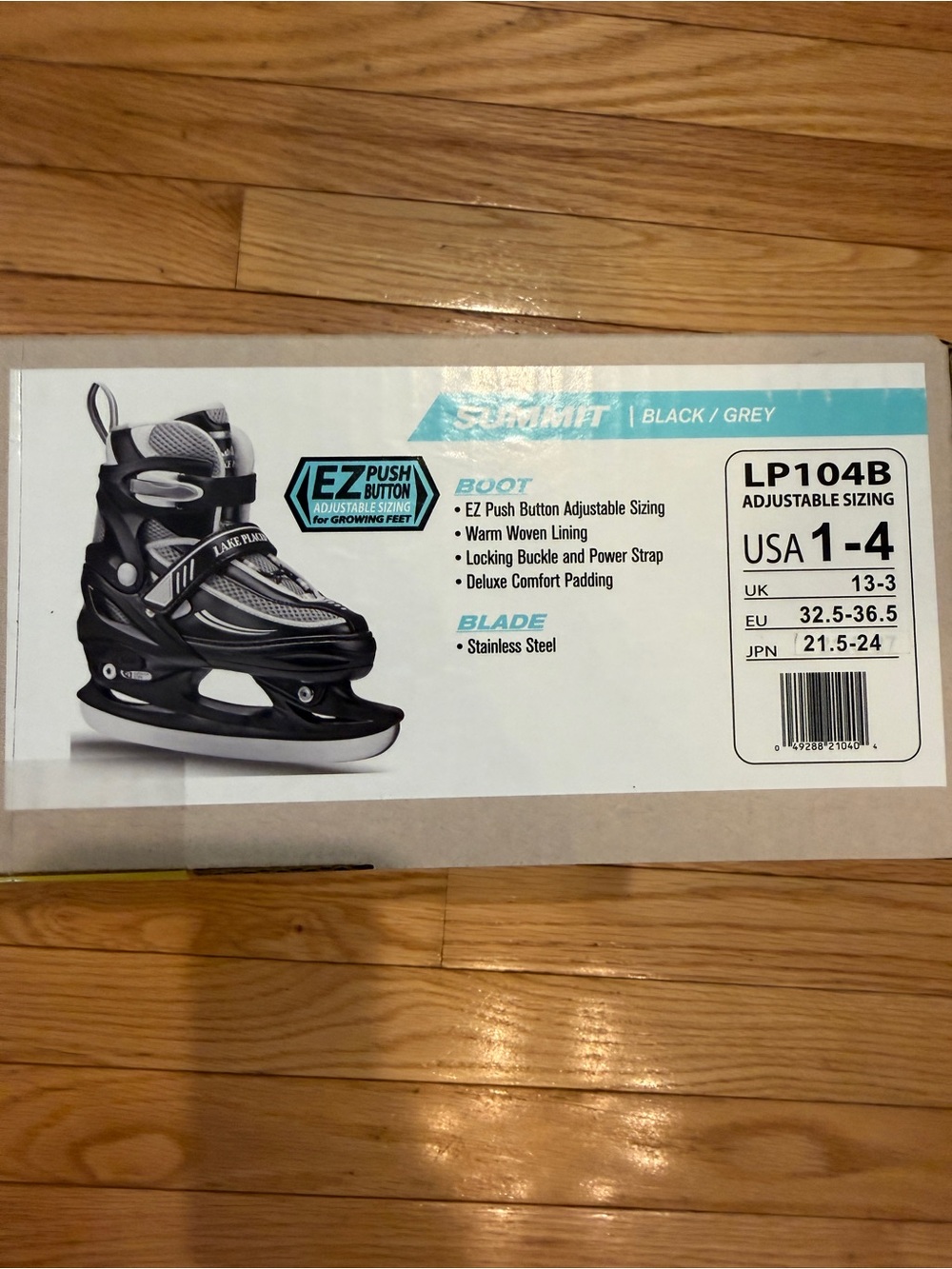 BRAND NEW IN BOX - Black/Grey Adjustable Kids Ice Skates - LP104B